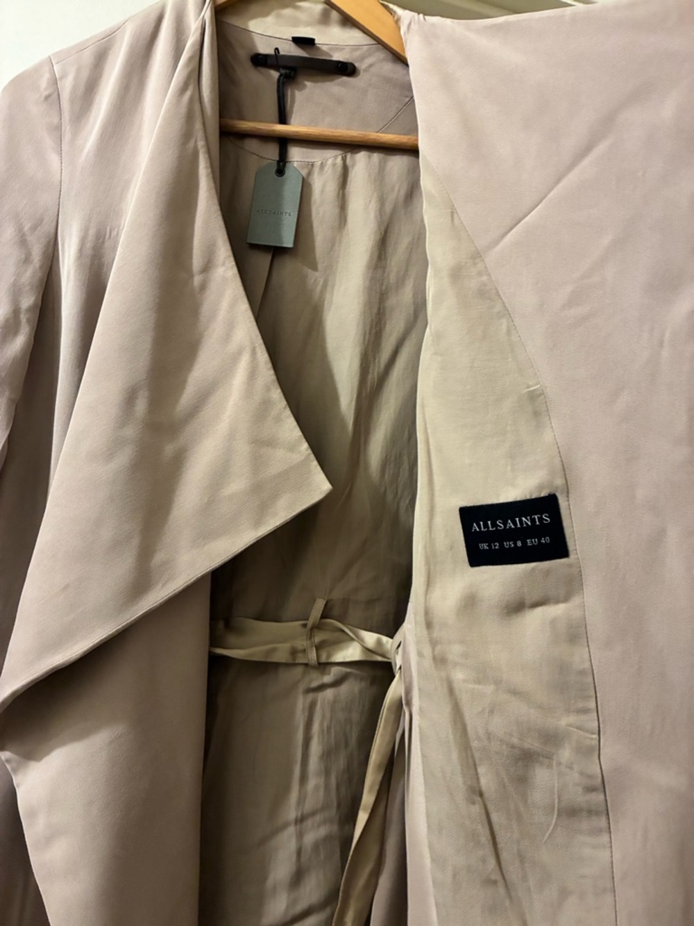 NWT AllSaints Iza Light Sand Drape Front Trench Coat - Women's Size 8 - Picture 7 of 13